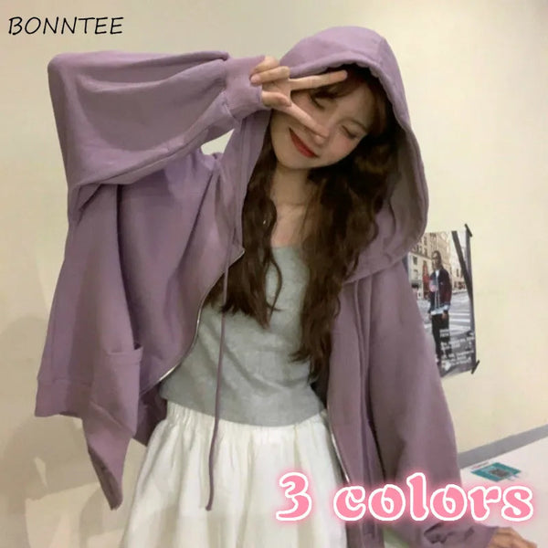 Hoodies Women Solid Zip-up Korean Style Drop-shoulder Preppy  Simple Hooded Fashion Chic Tunic Autumn Cute Leisure Ins Soft