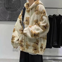 Korean Style Men Furry Hoodie Jacket New Winter Warm Plush Sweet Pullovers Men Vintage Loose Sweatshirt