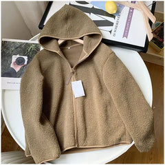 New Autumn Winter Imitation Lamb Wool Coat Women Warm Polar Fleece Thicken Hooded Short Outerwear Woman Loose Cardigan Tops