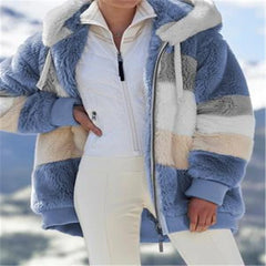 Winter Women Jacket Warm Plush Casual Loose Hooded Coat Mixed Color Patchwork Winter Outwear Faux Fur Zipper Ladies Parka Coat