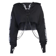 Women Gothic Reflective Print Hoodies Crop Top Pullover Sweatshirt Jumpers with Detachable O-ring Chain