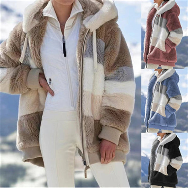 Winter Women Jacket Warm Plush Casual Loose Hooded Coat Mixed Color Patchwork Winter Outwear Faux Fur Zipper Ladies Parka Coat