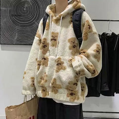 Korean Style Men Furry Hoodie Jacket New Winter Warm Plush Sweet Pullovers Men Vintage Loose Sweatshirt