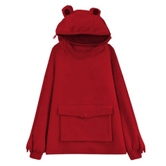 Women Novelty Frog Hoodie Long Sleeve Sweatshirt Solid Color Hooded  Coat with  Lazy Style Flap Pocket