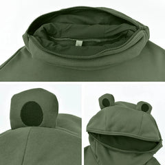 Women Novelty Frog Hoodie Long Sleeve Sweatshirt Solid Color Hooded  Coat with  Lazy Style Flap Pocket