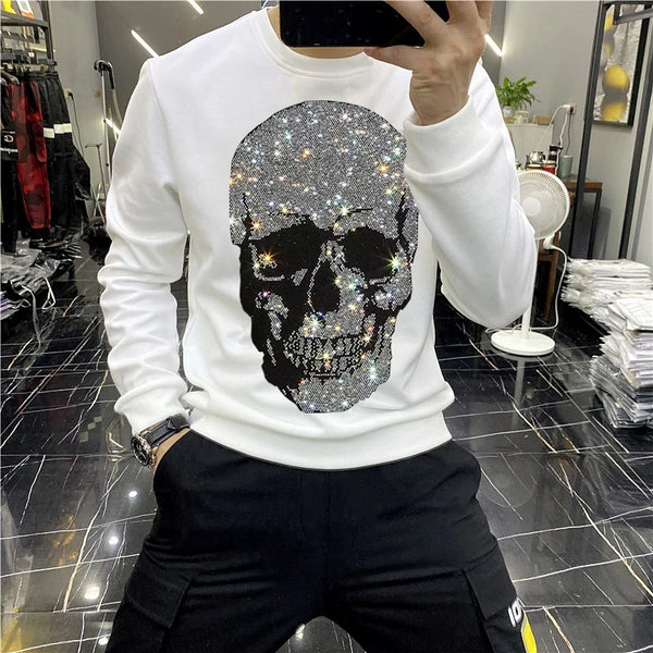 European Winter 2021 Brand Men's Hoodie Shiny Skull Hot Diamond Fashion Hoody Fleece Warm Casual Sweatshirt Street Star Oversize