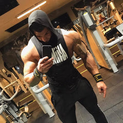 Summer Sleeveless Men's Gym Shirt Bodybuilding Fitness Muscle Hooded Tank Tops  Run Training 100% Cotton hood Singlet Shirt Tank