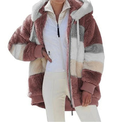 Winter Women Jacket Warm Plush Casual Loose Hooded Coat Mixed Color Patchwork Winter Outwear Faux Fur Zipper Ladies Parka Coat