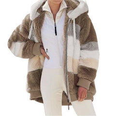 Winter Women Jacket Warm Plush Casual Loose Hooded Coat Mixed Color Patchwork Winter Outwear Faux Fur Zipper Ladies Parka Coat