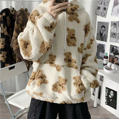 Korean Style Men Furry Hoodie Jacket New Winter Warm Plush Sweet Pullovers Men Vintage Loose Sweatshirt