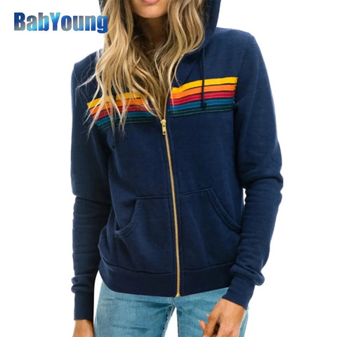 Women Coat 2023 New Casual Rainbow Hooded Sweatshirts Fashion Zip-Up Striped Cardigan Men Hoodies