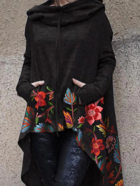 Cotton Blend Women Solid Color Floral Asymmetric Hem Drawstring Hoodies Sweatshirt Loose Poncho Coat for Women Hooded Sweatshirt