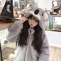 Kawaii Koala Ears Hooded Sweatshirts Women Cute Plush Thick Warm Spring Autumn Jacket Lovely Girl Student Furry Hoodies Jackets