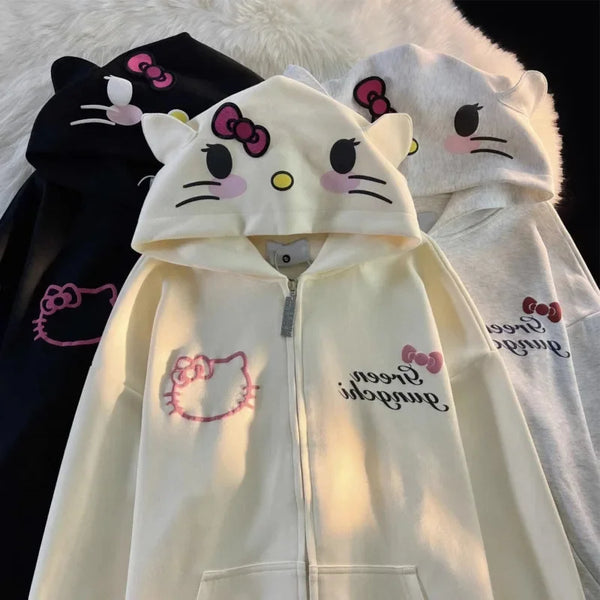 Kawaii Hello Kitty Y2k Solid Plush Coats Sanrio Print Hooded Sweatshirt Cute Cartoon Coats For Women Casual Loose Jackets