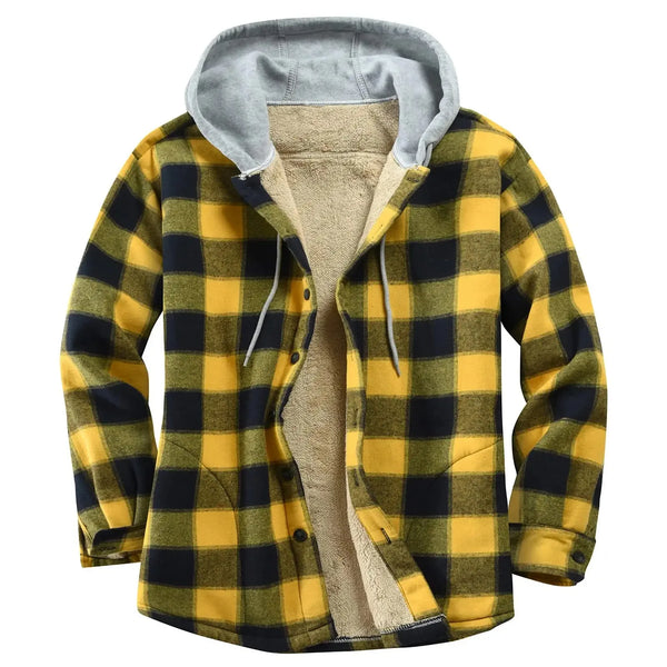 Men's Cotton Plaid Shirts Jacket 2022 Hoodie Sweatshirt Hip Hop Cardigan Casual Flannel Button Down Jackets with Hood for Men