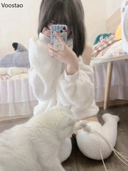 Spring Autumn Women Sweet Cute Sheep Ear Hooded Hoodies Girl Sexy Chic Long Sleeve Off Shoulder Loose Pullover Plush Sweatshirts