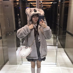 Kawaii Koala Ears Hooded Sweatshirts Women Cute Plush Thick Warm Spring Autumn Jacket Lovely Girl Student Furry Hoodies Jackets