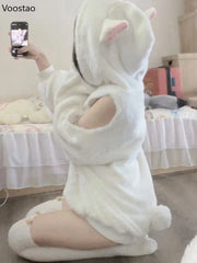 Spring Autumn Women Sweet Cute Sheep Ear Hooded Hoodies Girl Sexy Chic Long Sleeve Off Shoulder Loose Pullover Plush Sweatshirts