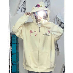 Kawaii Hello Kitty Y2k Solid Plush Coats Sanrio Print Hooded Sweatshirt Cute Cartoon Coats For Women Casual Loose Jackets