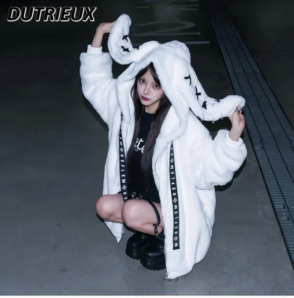 Japanese Harajuku Asian Culture Mine Rabbit Ears Furry Fur Coat Lolita Clothing  Punk Women New Winter Mid-Length Plush Jacket