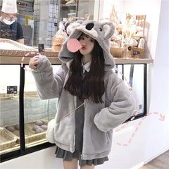 Kawaii Koala Ears Hooded Sweatshirts Women Cute Plush Thick Warm Spring Autumn Jacket Lovely Girl Student Furry Hoodies Jackets