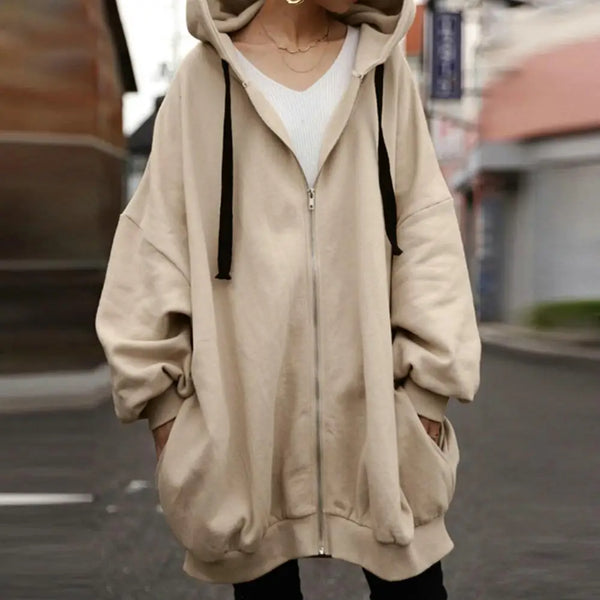 Women Autumn Hooded Drawstring Sweatshirt Coat Long Sleeve Pockets Zipper Placket Mid-length Solid Color Hoodie Outwear