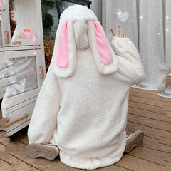 Flannel Bunny Ears Hoodies For Woman Winter Kawaii Women's Sweatershirt Fluffy Warm Winter Pullover Rabbit Jumper Hoddie