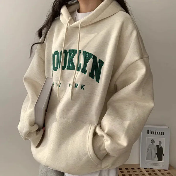 Letter Print Women Sweatshirt 2023 New Warm Full Sleeve Hoodies Ladies Streetwear Winter Pullovers Loose Clothes Hooded Pocket