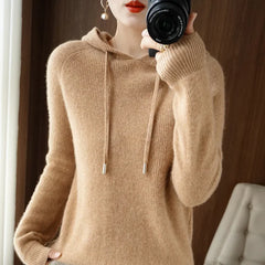 Autumn Winter Cashmere Hoodie Women's Loose Hooded Knitted Jacket Ingot Needle Thick Sweater Outer Wear Women Clothes N210