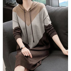 Women's Clothing Knitted Contrast Style Dress Autumn Winter Loose Casual Simple Hooded Dresses Hoodies Tunics