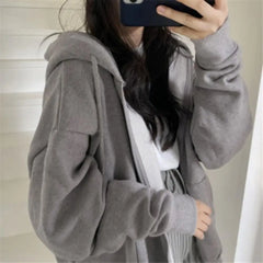 Women Zip Up Sweatshirt Casual Oversized Hooded Korean Style Hoodies Harajuku Solid Loose Long Sleeve Lady Jacket Large Coats