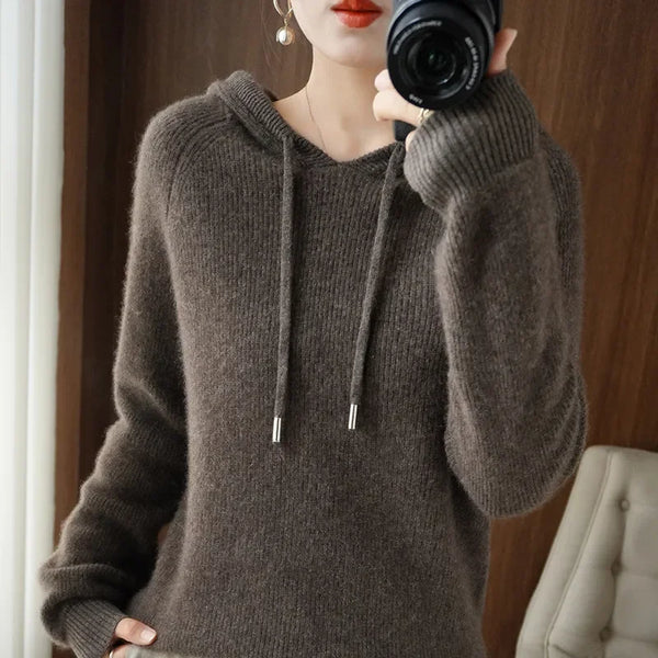 Autumn Winter Cashmere Hoodie Women's Loose Hooded Knitted Jacket Ingot Needle Thick Sweater Outer Wear Women Clothes N210