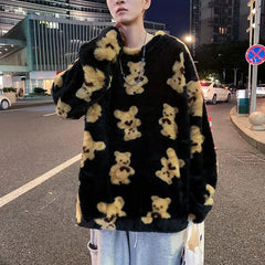 little bear Pattern furry Hoodie 2023 Winter Warm Plush sweet Pullovers Woman Vintage korean Style loose Sweatshirt sudaderas