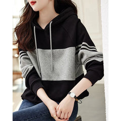 Autumn Winter Loose Casual Patchwork Hoodies Ladies Simple Fashion All-match Pullover Top Women Hooded Sweatshirt Female Clothes