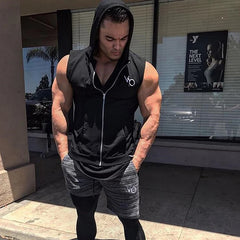 Gym Fitness Hoodie Mens Sleeveless Sweatshirt Bodybuilding Workout Cotton Zipper Vests Coat Male Casual Sportswear Hooded