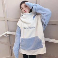 Kawaii Shark Hooded Sweatshirts Women Plush Warm Autumn Winter New Fashion Hoodies Cute Student Clothing Furry Pullovers Pockets