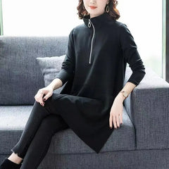 Zipper Half Open O Neck Solid T Shirt Women Autumn Winter Long Sleeve Hoodie Shirt Loose Korean Style Pocket Tunic Tops