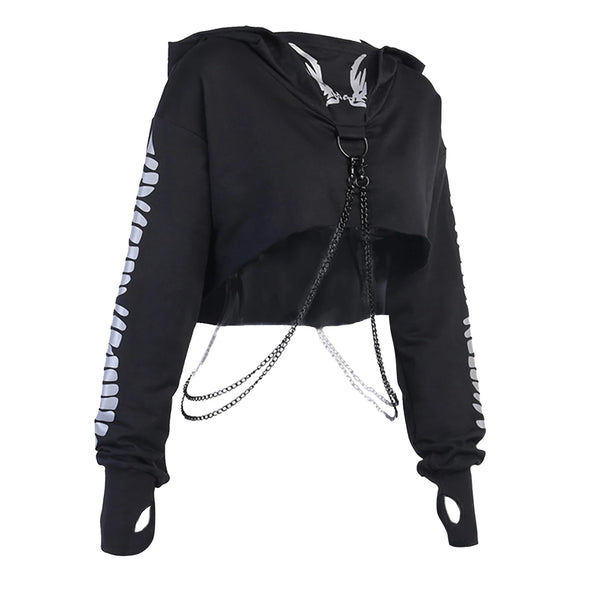 Women Gothic Reflective Print Hoodies Crop Top Pullover Sweatshirt Jumpers with Detachable O-ring Chain