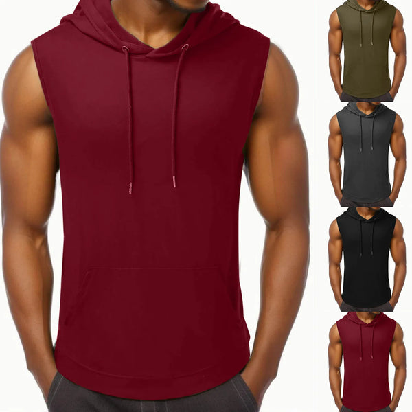 Mens Sleeveless Tank Tops Stylish Solid Color Hooded Drawstring Front Pocket Vests Sports Hoodie Oversize Leisure Sportswear