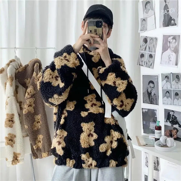 Teddy Bear Hoodie Man Oversized Hoodie Furry Sweatshirts Loose Casual Pullovers oversized Tracksuit Spring Men Anime Clothing