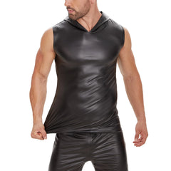 Plus Size Mens Shiny Leather Tank Top Soft Matte Leather Hoodies T-Shirts Sleeveless High-elastic Shaping Leather Tees Sexi