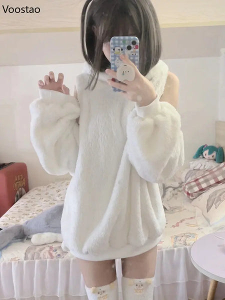 Spring Autumn Women Sweet Cute Sheep Ear Hooded Hoodies Girl Sexy Chic Long Sleeve Off Shoulder Loose Pullover Plush Sweatshirts