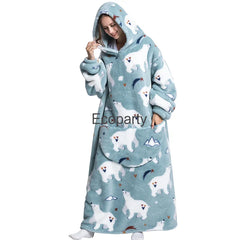 2023 Oversized Wearable Flannel Blanket Men Women Autumn Winter Lovely Printed Warm Hoodies Pullover Casual Pajamas Sweatshirt