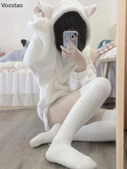 Spring Autumn Women Sweet Cute Sheep Ear Hooded Hoodies Girl Sexy Chic Long Sleeve Off Shoulder Loose Pullover Plush Sweatshirts