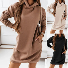 Women Vintage Solid Hoodies Dress Autumn Winter Pockets Loose Hooded Sweatshirt Long Sleeve Vintage Harajuku Long Tops Tunic