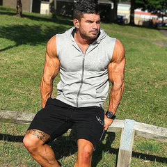 Gym Fitness Hoodie Mens Sleeveless Sweatshirt Bodybuilding Workout Cotton Zipper Vests Coat Male Casual Sportswear Hooded