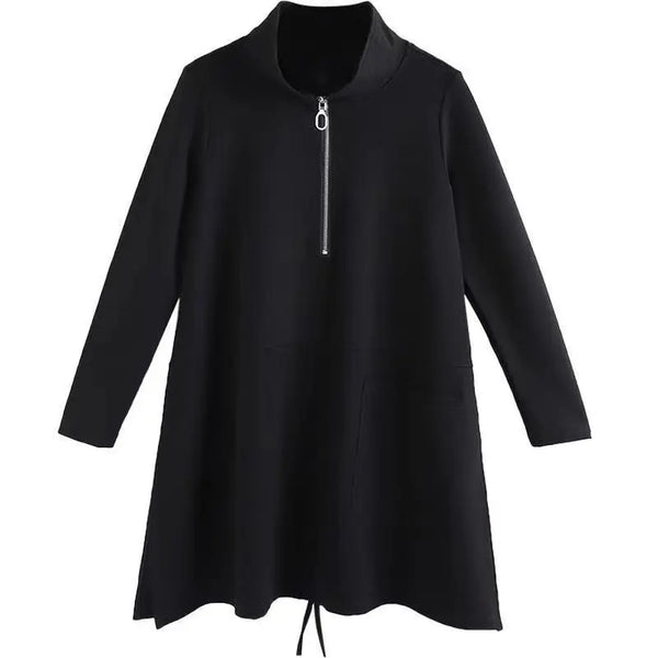 Zipper Half Open O Neck Solid T Shirt Women Autumn Winter Long Sleeve Hoodie Shirt Loose Korean Style Pocket Tunic Tops