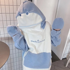 Kawaii Shark Hooded Sweatshirts Women Plush Warm Autumn Winter New Fashion Hoodies Cute Student Clothing Furry Pullovers Pockets