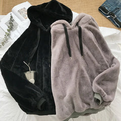 Gidyq Winter Women Faux Rabbit Sweatshirt Fashion Korean Streetwear Loose Hoodies Casual Female All Match Furry Pullover Coats