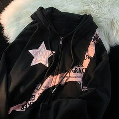 Y2K Zipper Hoodie Women 2023 new Fried Street Star Letter print spliced cardigan hoodie women fashion loose coat top streetwear